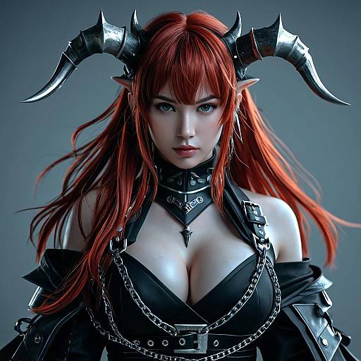 Dark Fantasy Woman with Red Hair and Horns in Gothic Leather Outfit