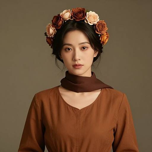 Young Woman Wearing Rose Flower Crown and Brown Dress Studio Portrait