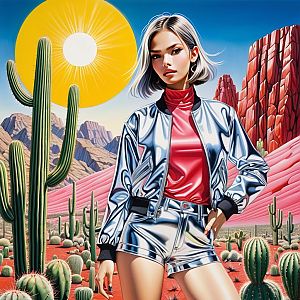 Stylish Woman in Futuristic Fashion in Surreal Desert Landscape