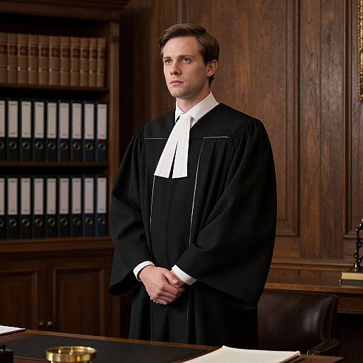 Young Male Lawyer in Traditional Robes in Classic Law Office