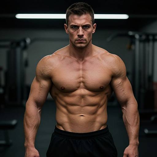 Muscular Man with Chiseled Physique in Dark Gym Lighting