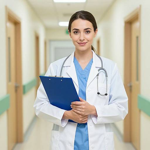 Female Doctor in Hospital Corridor Holding Clipboard