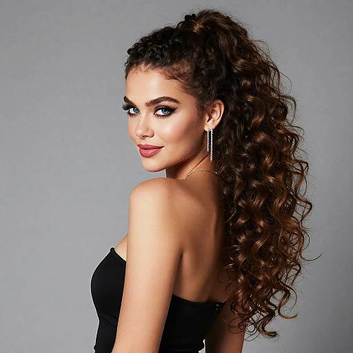 Confident Young Woman with Curly High Ponytail and Glamorous Makeup