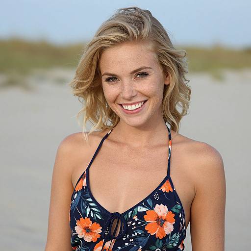 Smiling blonde woman in floral halter top at the beach