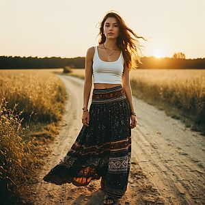 Young Woman Walking on Dirt Path at Sunset in Boho Style Skirt