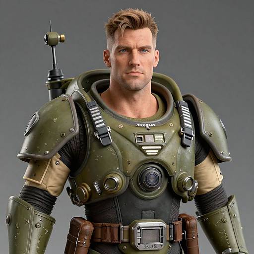 Man in Futuristic Olive Green Armored Power Suit Sci-Fi Portrait