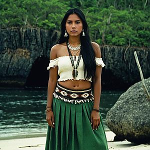 Confident Native American Woman on Beach in Traditional Attire