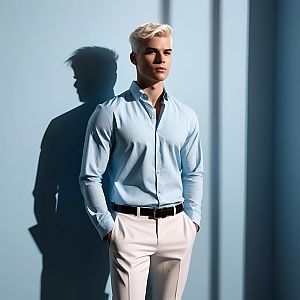 Young Man in Light Blue Shirt and White Trousers Standing by Blue Wall
