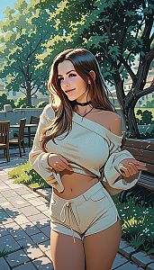 Confident Woman in Chic Casual Outfit Surrounded by Greenery