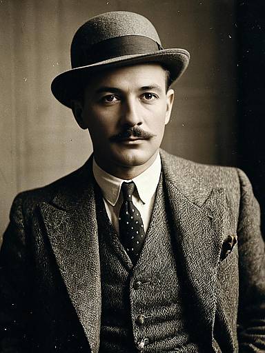 Man in 1920s Attire with Tweed Suit and Bowler Hat Cinematic Portrait