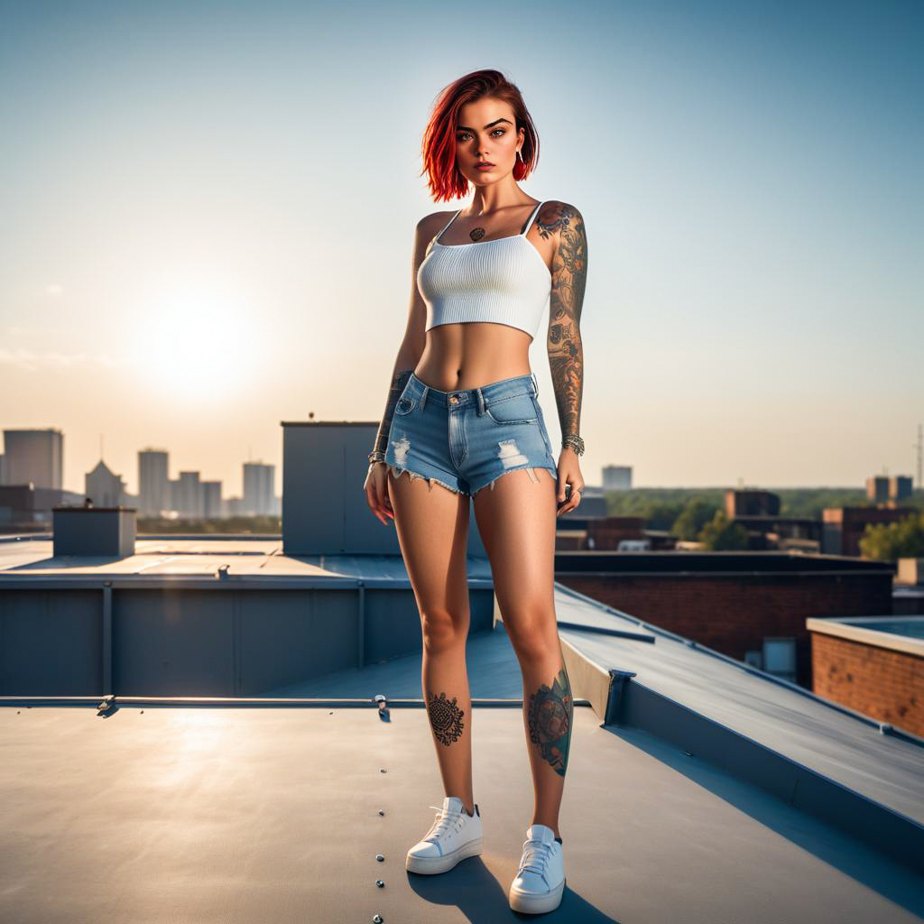 Stylish Young Woman on Rooftop at Sunset