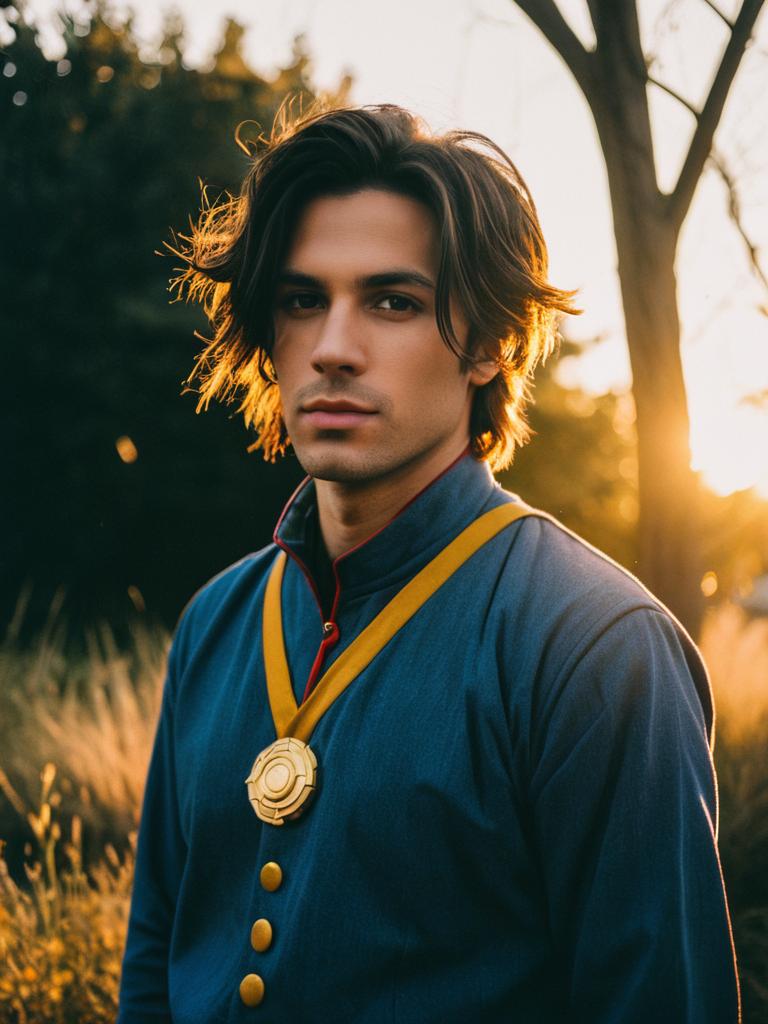 Man in Anya Cosplay Photorealistic Outdoor Portrait at Golden Hour