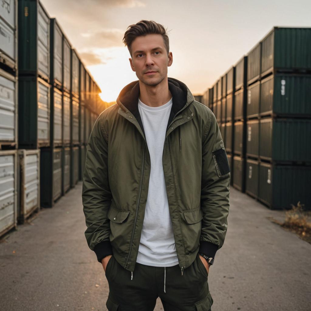 Confident Man with Storage Containers at Sunset