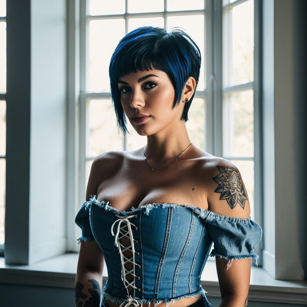 Stylish Woman with Blue Hair and Geometric Tattoo in Denim Corset