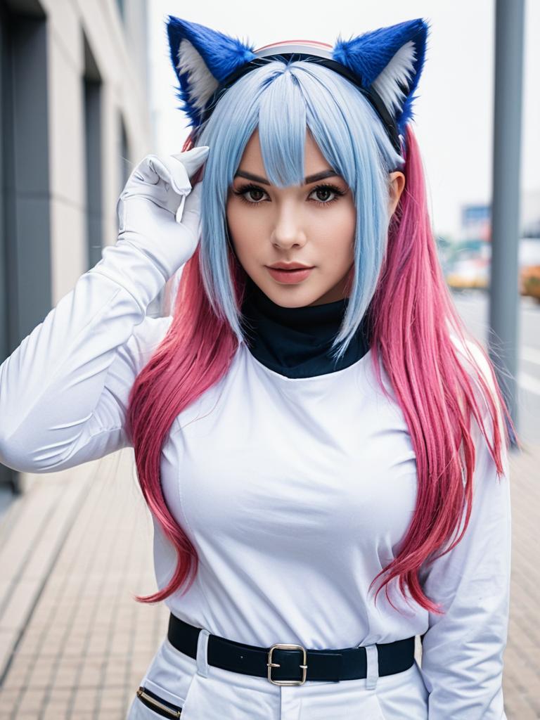 Cosplay of Akira from Blue Archive with Blue Cat Ears and Two-Tone Hair