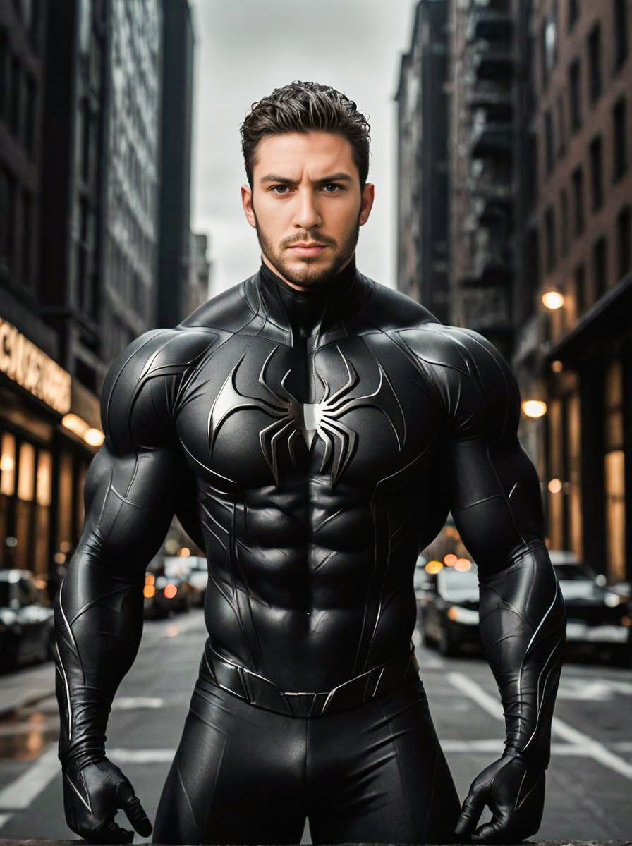 Muscular Man in Black Spider-Man Suit in Urban Setting