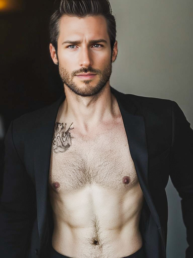 Confident Man in Stylish Black Blazer with Chest Tattoo