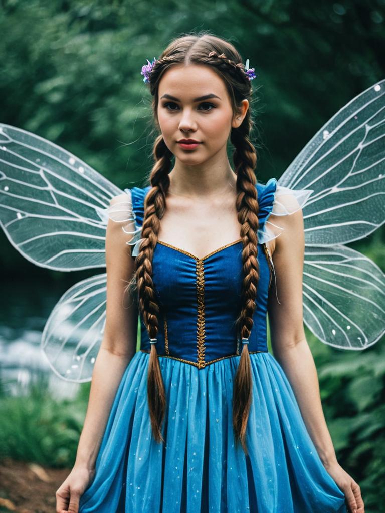 Young Woman in Blue Water Fairy Costume with Twin Braids and Wings
