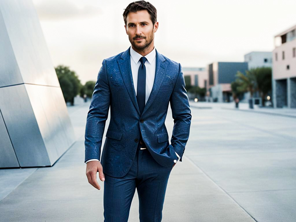 Stylish Man in Tailored Blue Suit on Urban Street