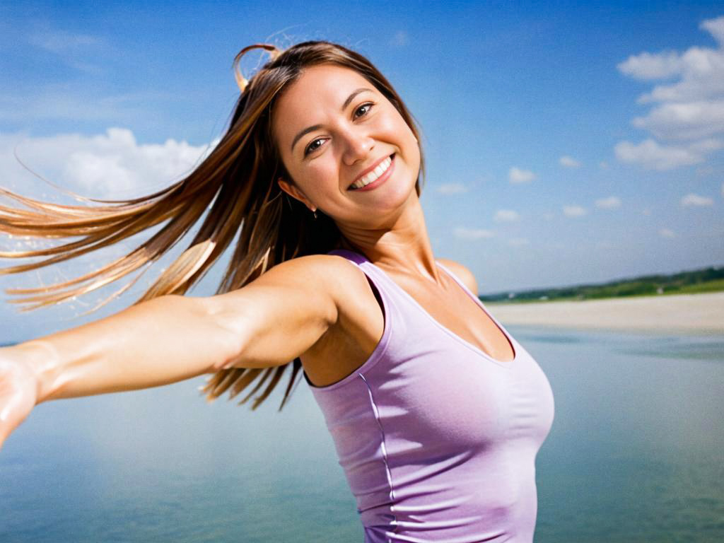 Joyful woman by the water on a sunny day