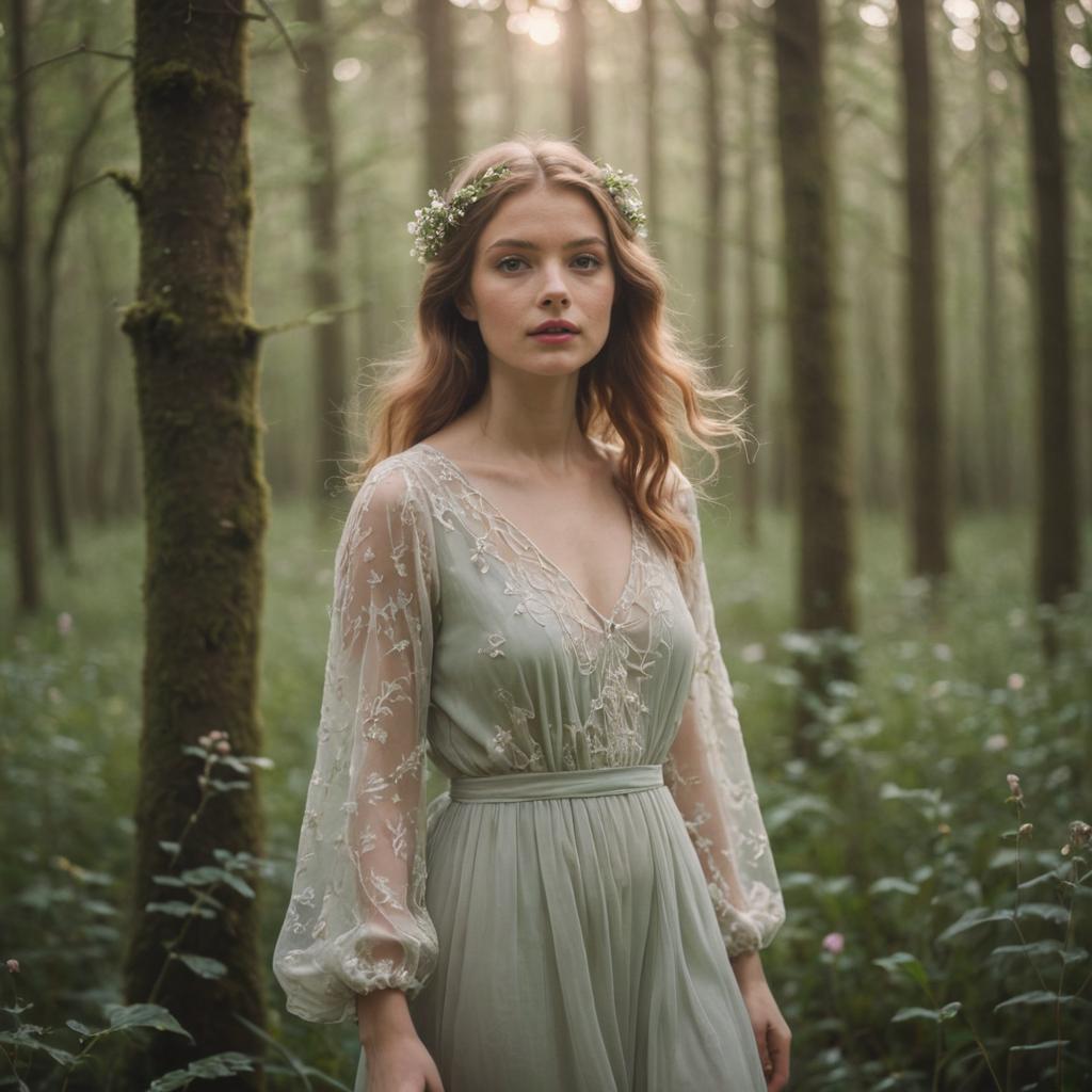 Serene Woman in Ethereal Gown in Forest