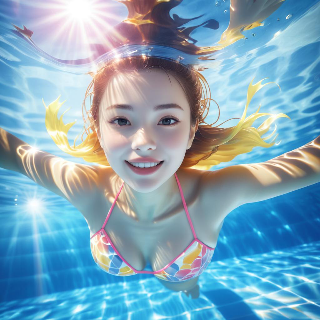 Joyful Woman Swimming in Vibrant Pool