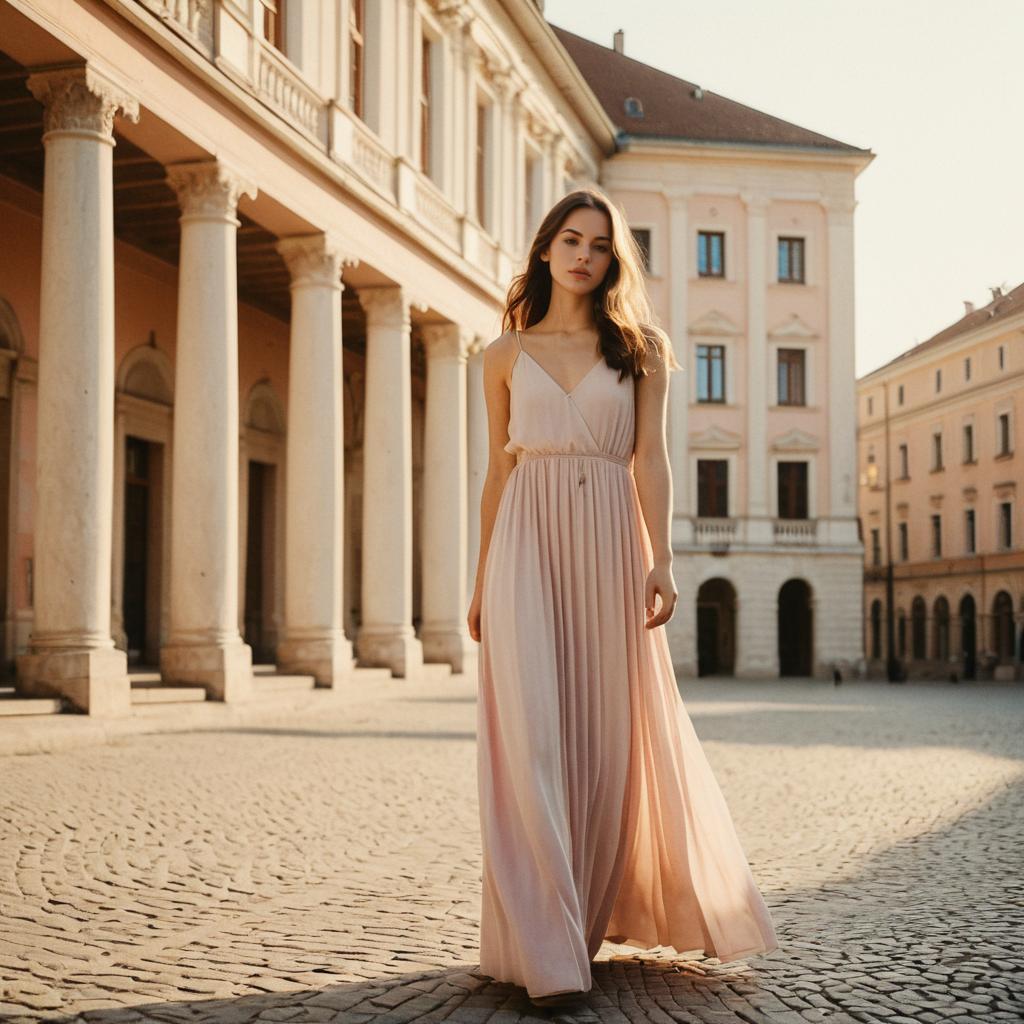 Elegant Woman Walking in Blush Pink Dress by Classical Columns on Cobblestone Street