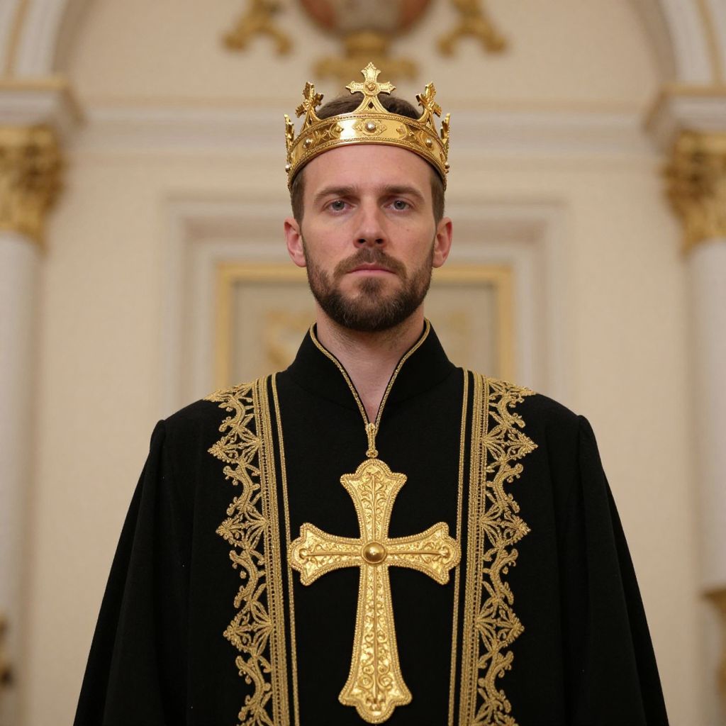 Regal Man Wearing Gold Crown and Embroidered Robe with Cross
