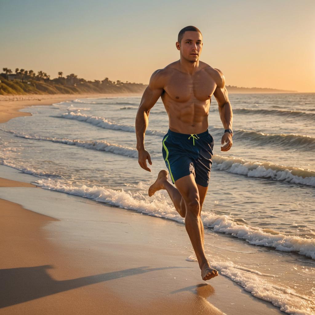 Fit Man Running on Beach at Golden Hour