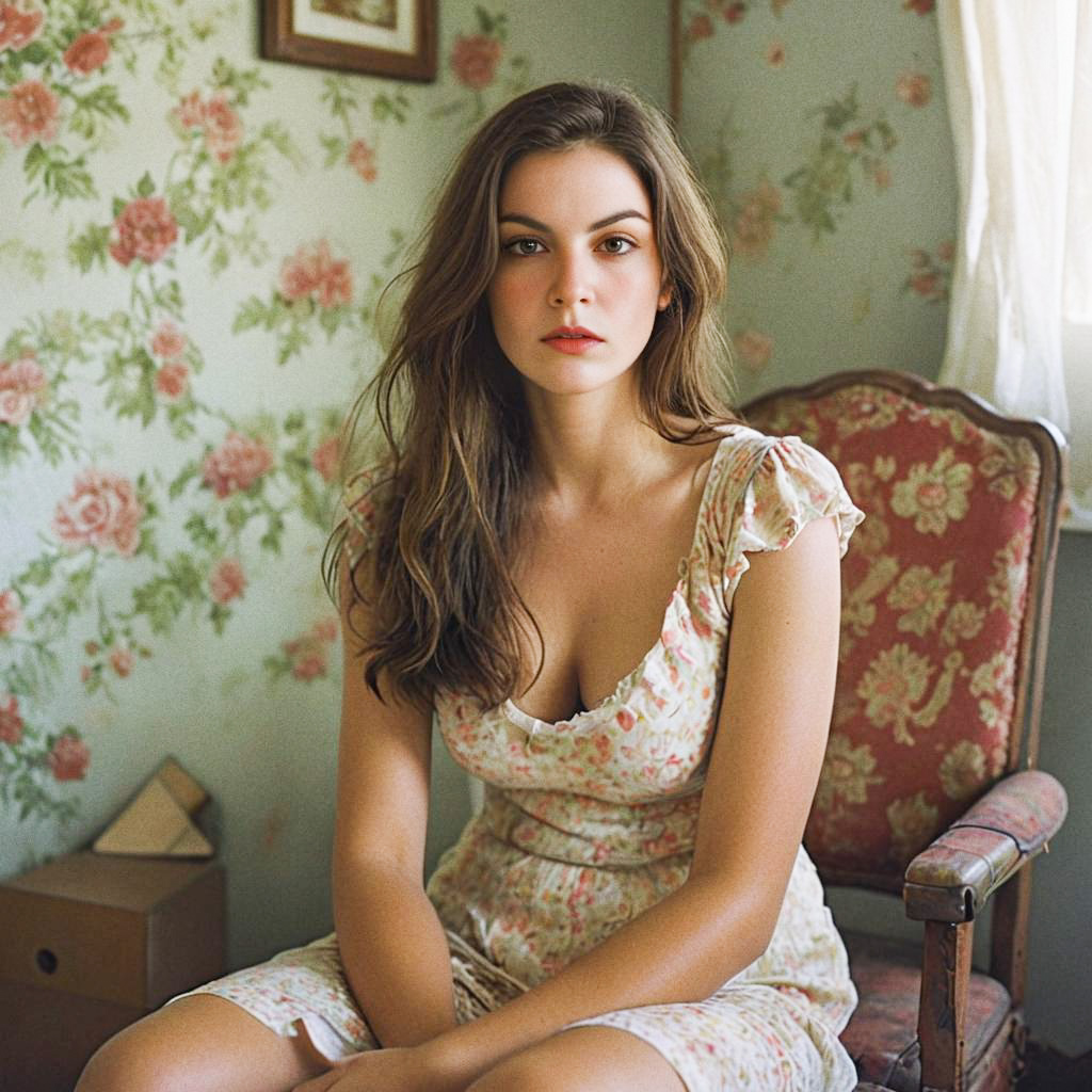 Young woman in floral dress exuding calmness