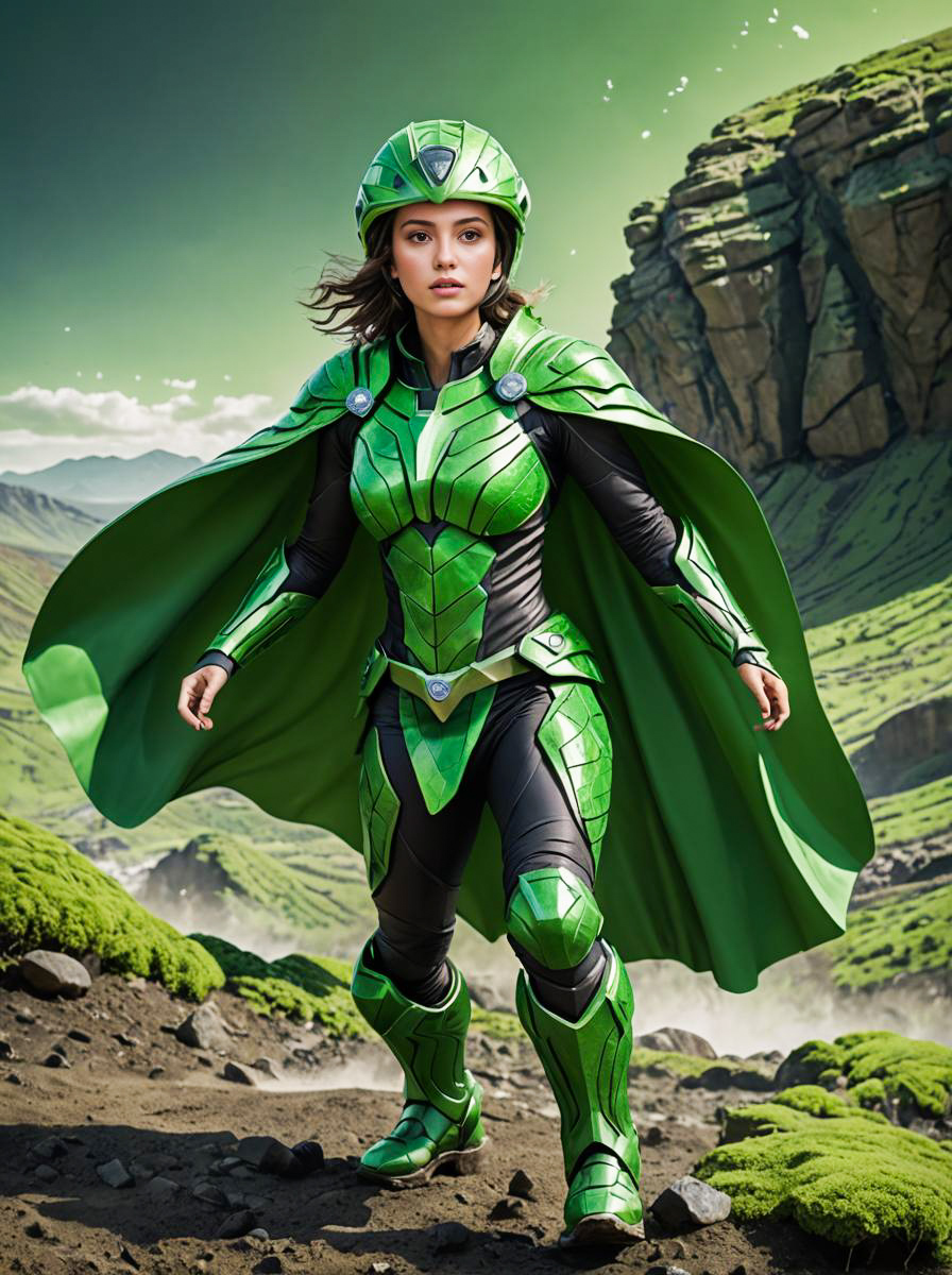 Confident Woman in Green Costume in Mountain Landscape