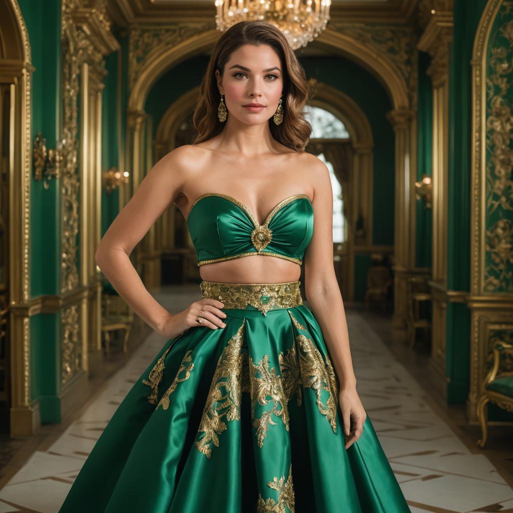 Elegant Woman in Emerald Green Satin Gown with Gold Embroidery in Luxurious Hallway