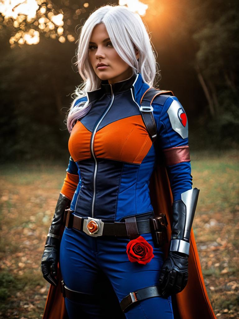 Realistic Rose Wilson Woman Cosplay in Blue and Orange Suit with Red Rose
