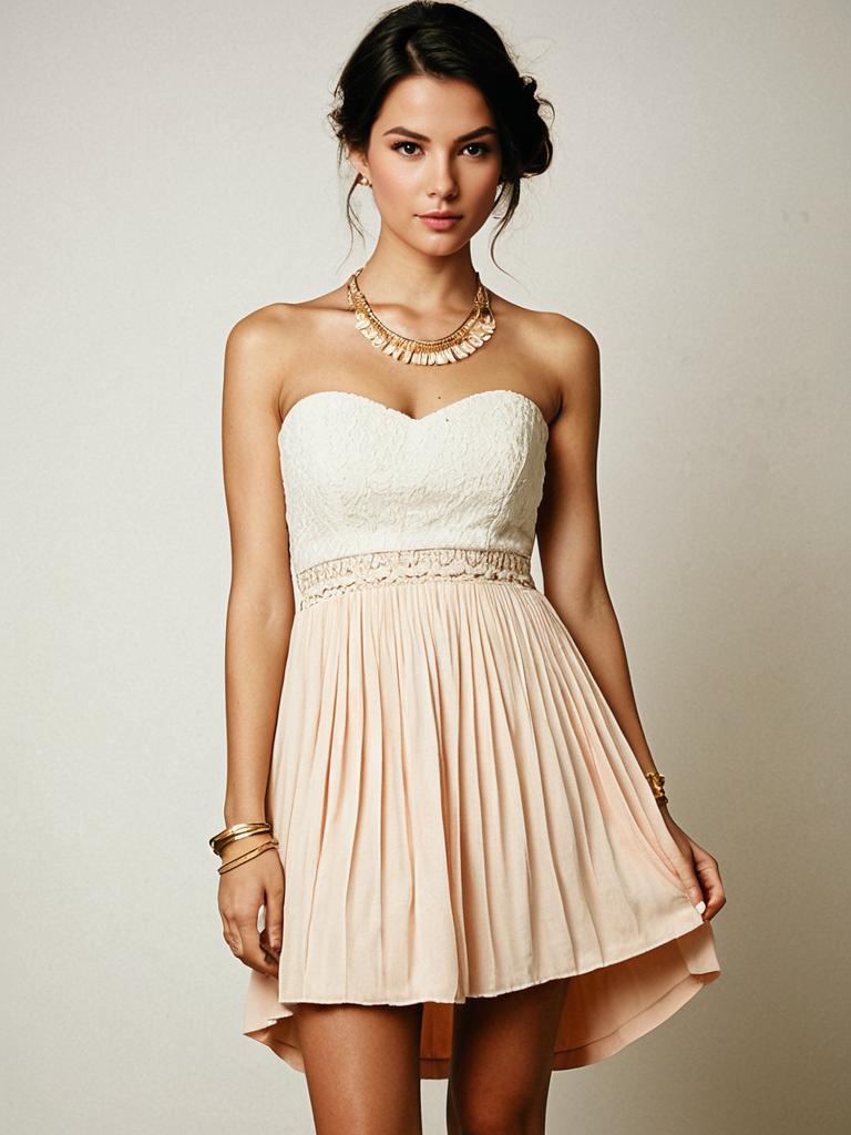 Bohemian Chic Strapless Dress with Fitted Lace Bodice and Pleated Skirt