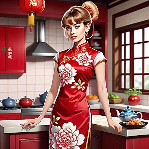 Stylish Woman in Red Traditional Dress in Modern Kitchen