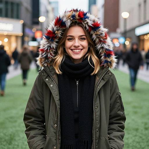 Smiling Woman in Fur-Lined Hooded Winter Coat on Urban Street