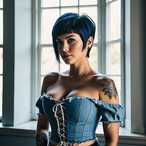 Stylish Woman with Blue Hair and Geometric Tattoo in Denim Corset