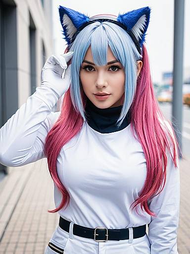 Cosplay of Akira from Blue Archive with Blue Cat Ears and Two-Tone Hair
