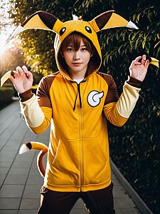Realistic Raichu Cosplay Costume Worn by Man Outdoors