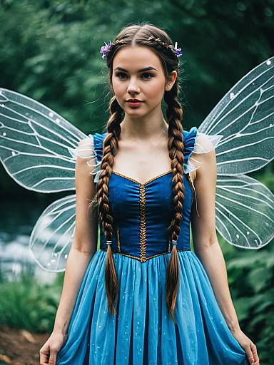 Young Woman in Blue Water Fairy Costume with Twin Braids and Wings