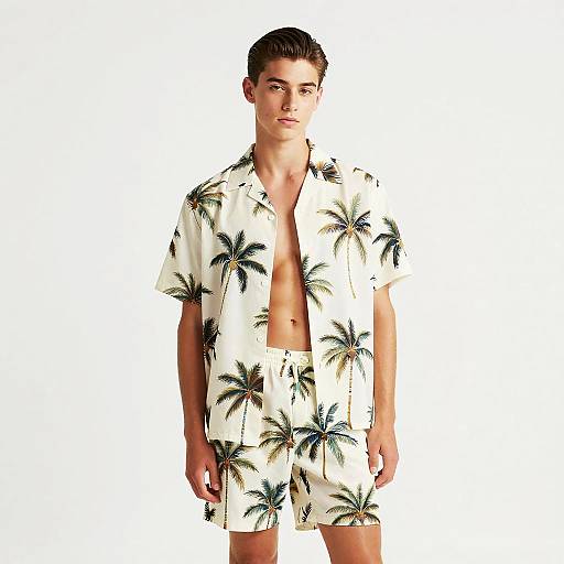 Young Man Wearing Palm Tree Print Summer Shirt and Shorts Set