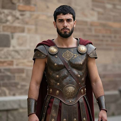 Man in Authentic Roman Soldier Armor with Maroon Cape