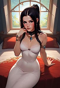 Elegant Woman in White Dress with Gemstone Jewelry