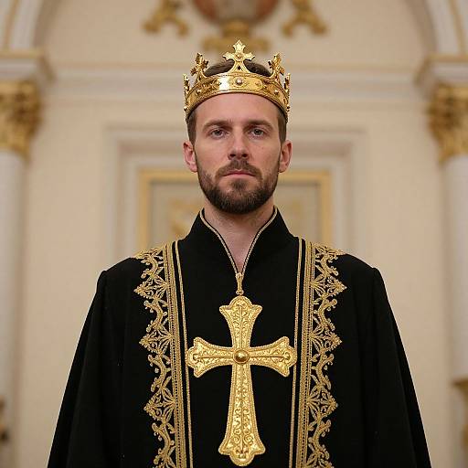 Regal Man Wearing Gold Crown and Embroidered Robe with Cross
