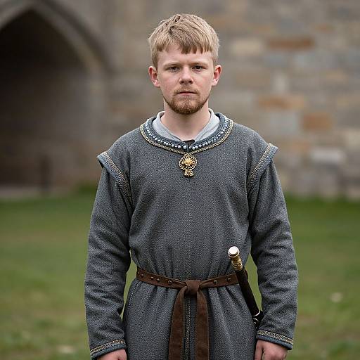 Young Man in Medieval Clothing with Sword in Historic Setting