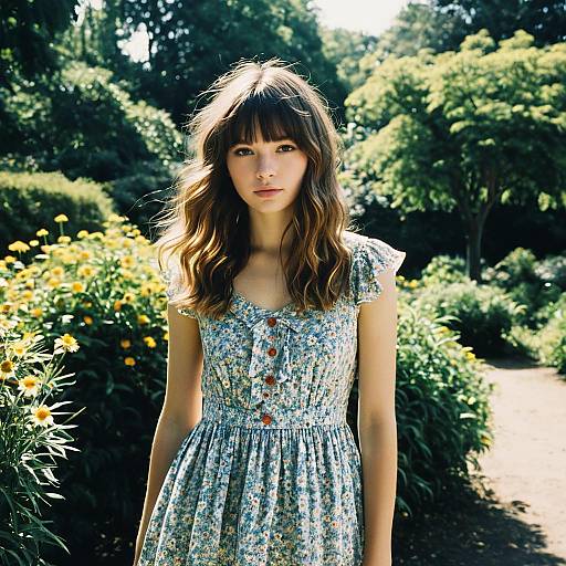 Young Woman in Blue Floral Dress in Sunlit Garden