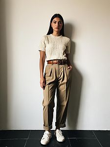 Woman in Minimalist Cream Cable Knit Short Sleeve Top with Relaxed Fit Trousers