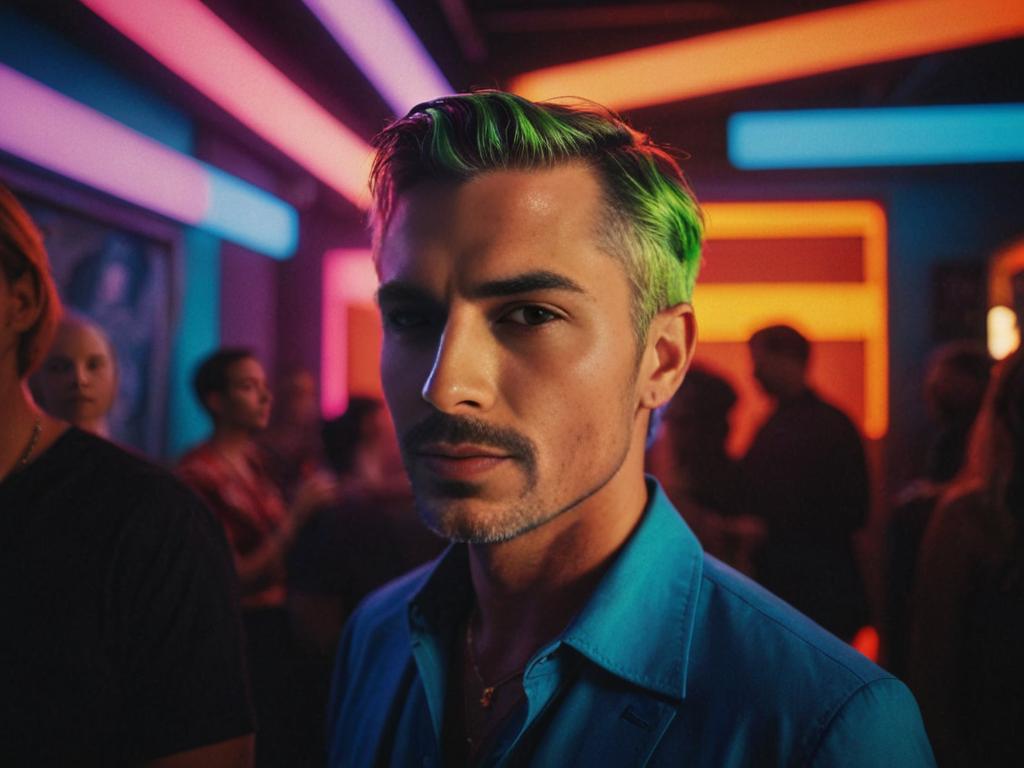 Confident Man with Green Hair in Vibrant Mugshot