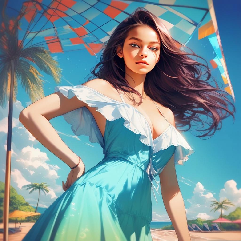 Confident Woman on Sunny Beach in Blue Dress