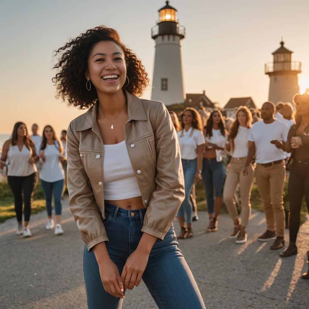 Joyful Woman at Lighthouse Sunset